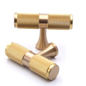 4 Gold Knurled - Brass T-Bars, Knurled Cabinet Handles, Solid Brass Bar Handles